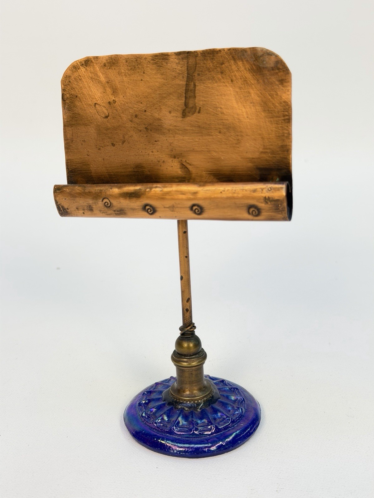 Antique Art Nouveau Copper & Brass Cobalt Glass Tabletop Card Menu Holder