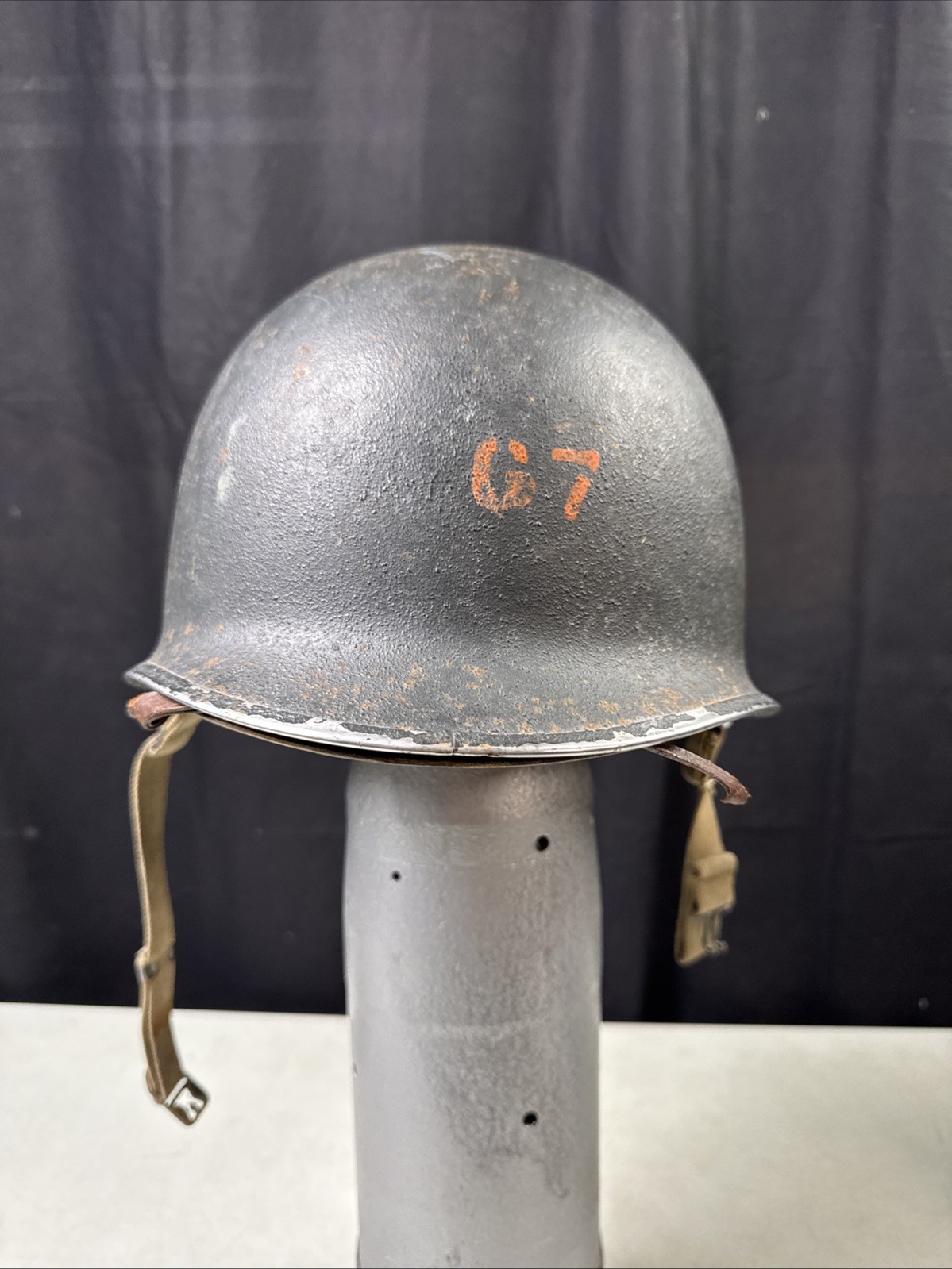 WWII US M1 Helmet Front Seam Fixed Bale Rayon westing house liner 67E Heat Stamp