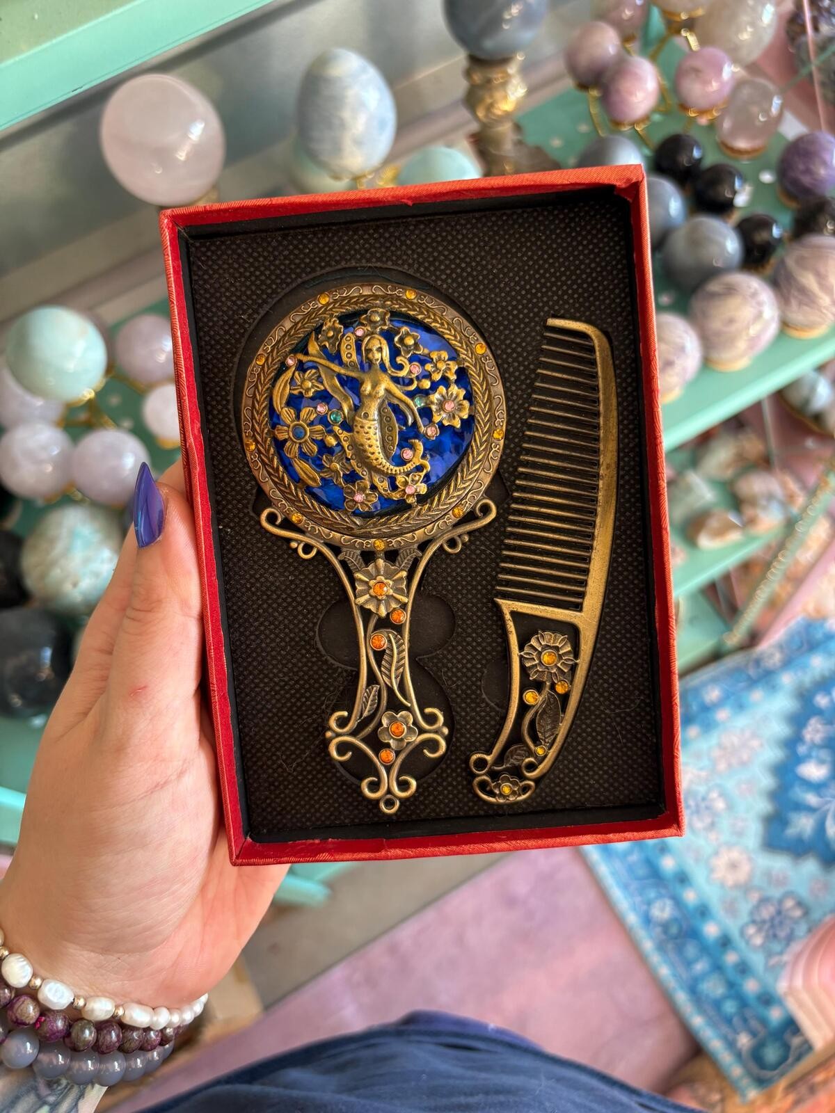 Mermaid Hand Mirror Comb Set, Blue Rhinestone Bronze Tone, Boxed Vanity Decor