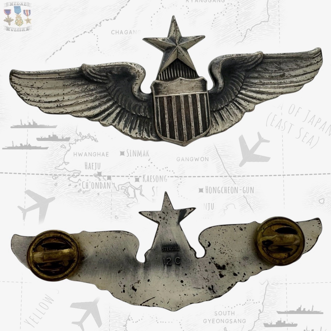 STERLING KOREAN WAR U.S. AIR FORCE SENIOR PILOT WINGS 3” SIZE 12C “CORO”