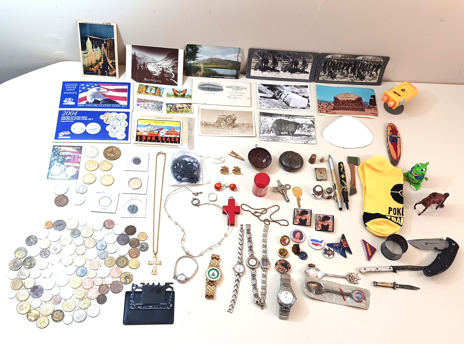 Vintage Estate Grandpa Junk Drawer Lot US Mint Coins Jewelry Knives Postcards