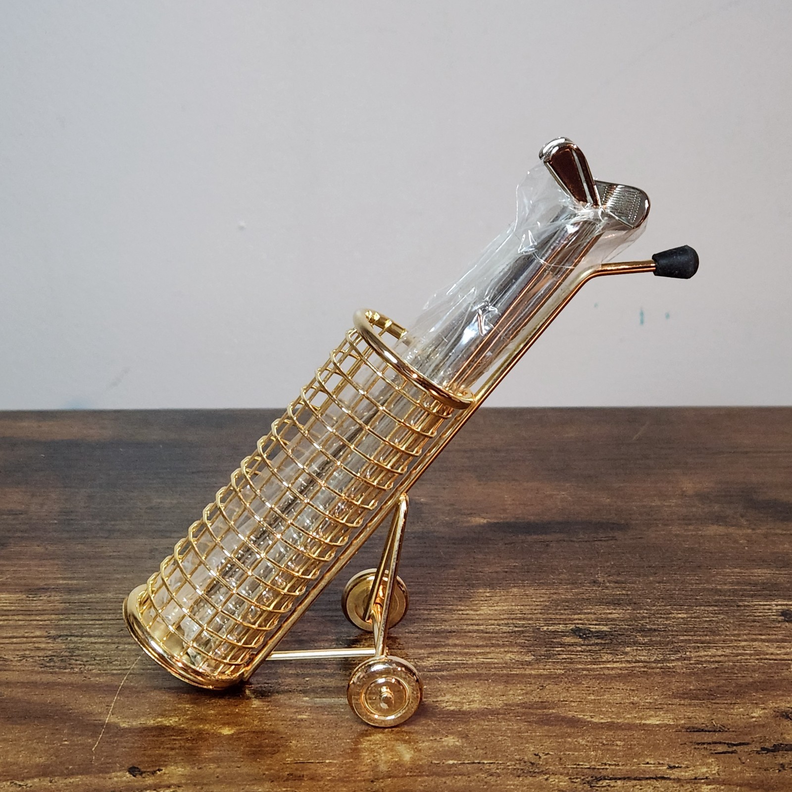 Vintage MCM Golf Club Cocktail Stirrers Swizzle Sticks Set with Gold Golf Bag