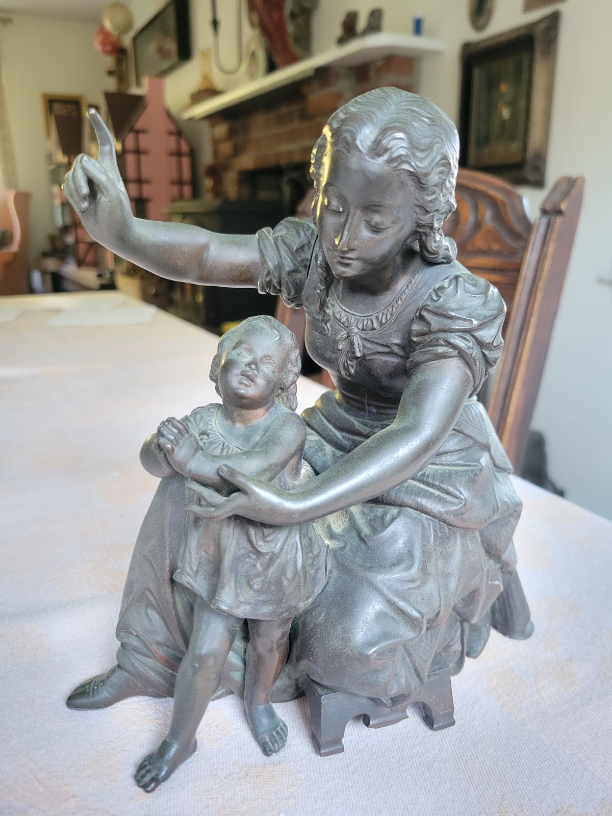 19C Antique Mother and Child Bronze Sculpture Bouret Signed