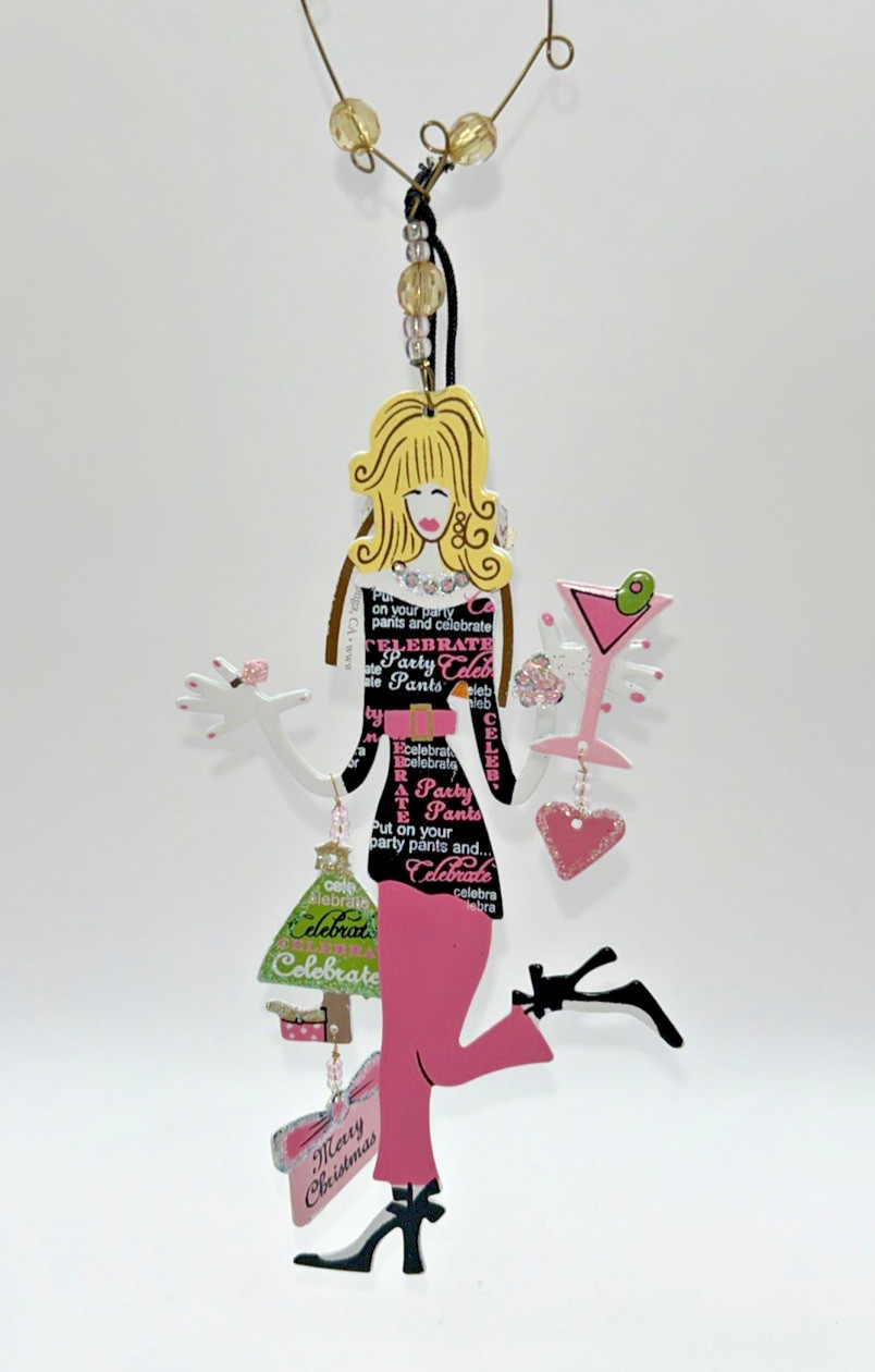 SUNSET VISTA DESIGNS METAL GIRL CHRISTMAS ORNAMENT  PARTY PANTS & CELEBRATE Pink