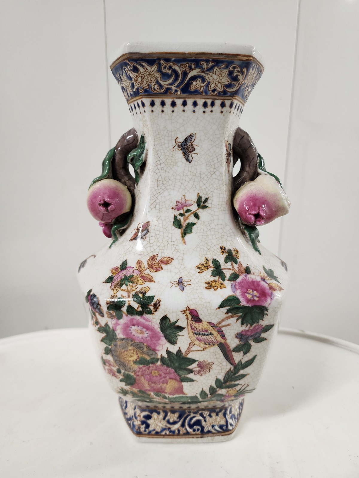 Vintage Wong Lee 1895 Crackle Glazed Vase Floral Applied Porcelain Chinoiserie
