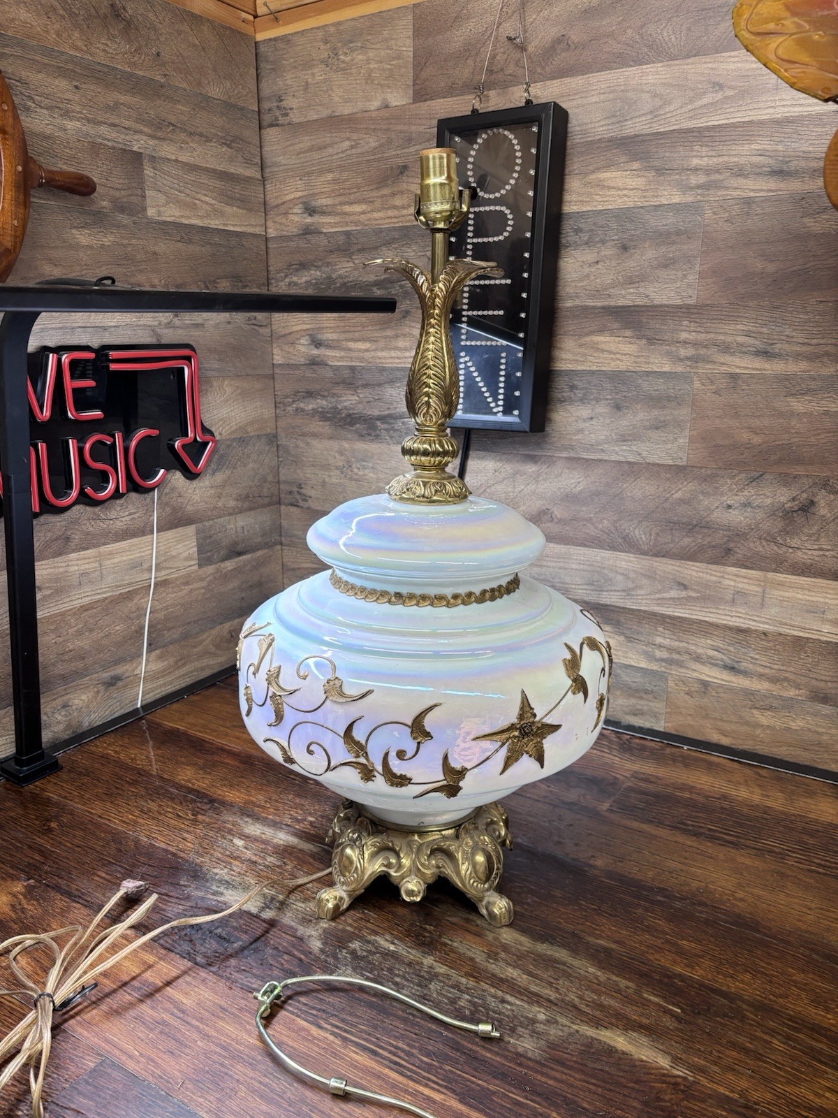 EF Industries Table Lamp Opalescent Bronze Onlay Hollywood Regency 1972 Vintage