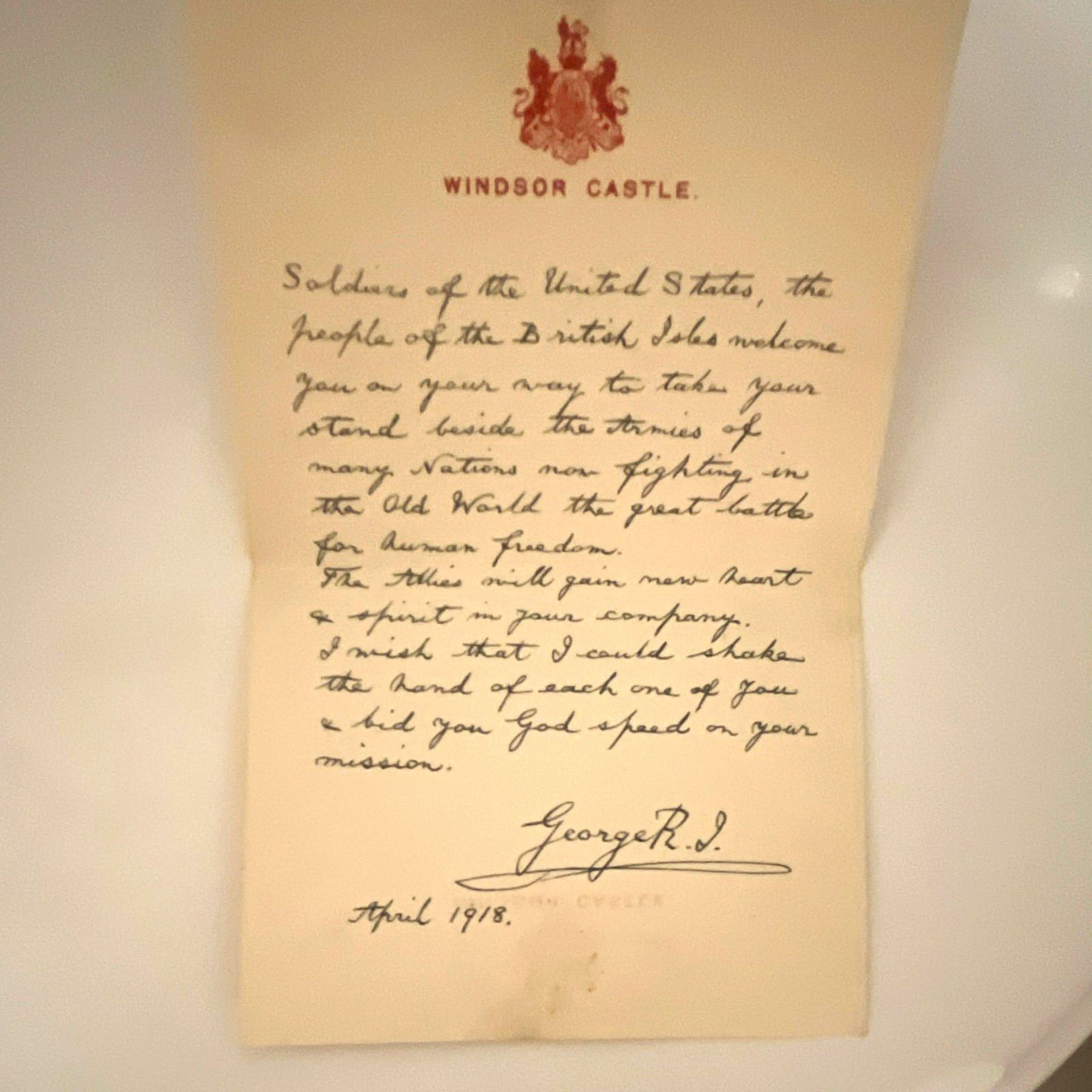 WWI Great Britain Windsor Castle Letter/Message Signed George R.I. April 1918