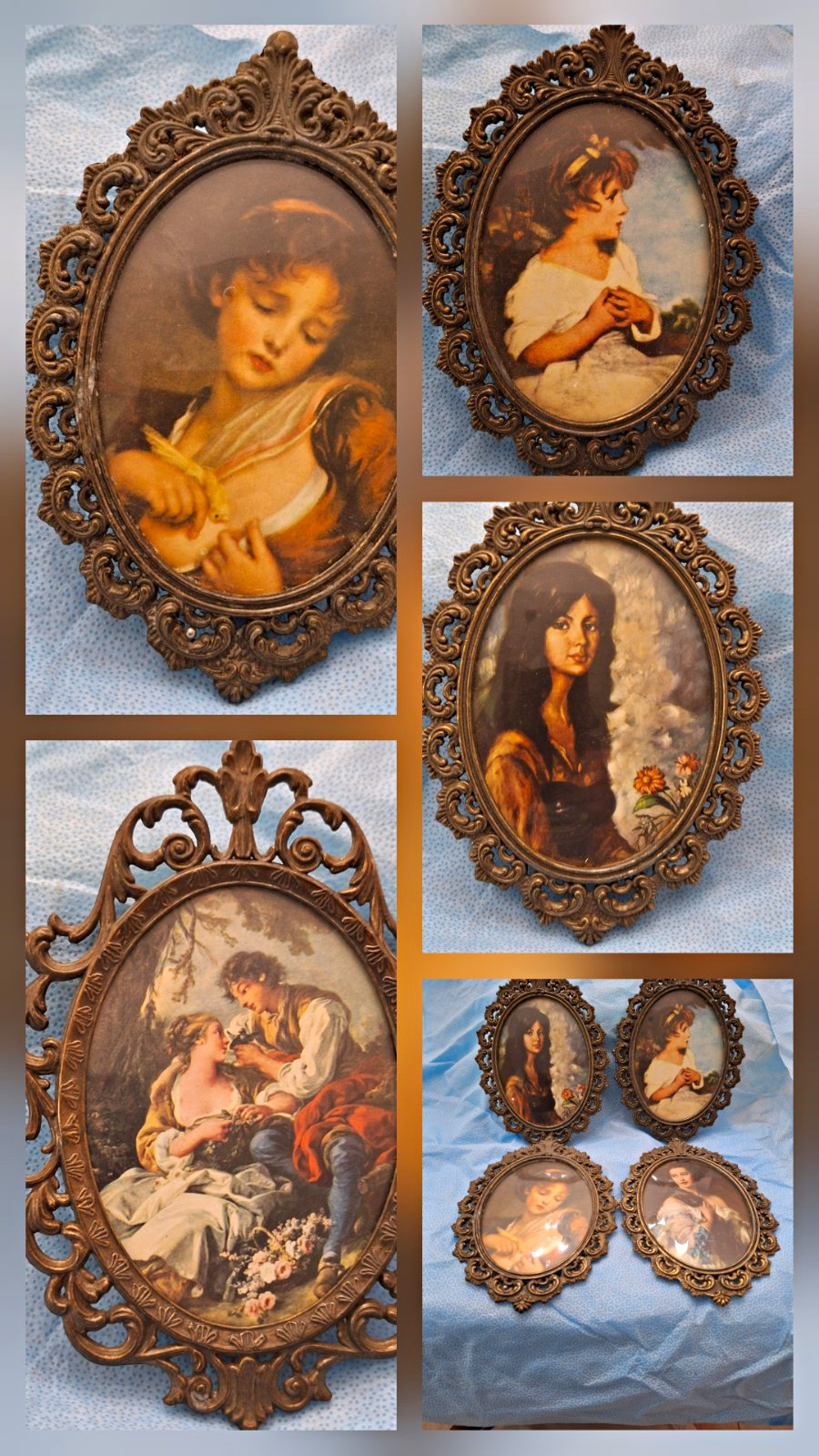 Action Ornate Victorian Gold Metal Oval Hanging Frame Set 7x5 Antique Brass