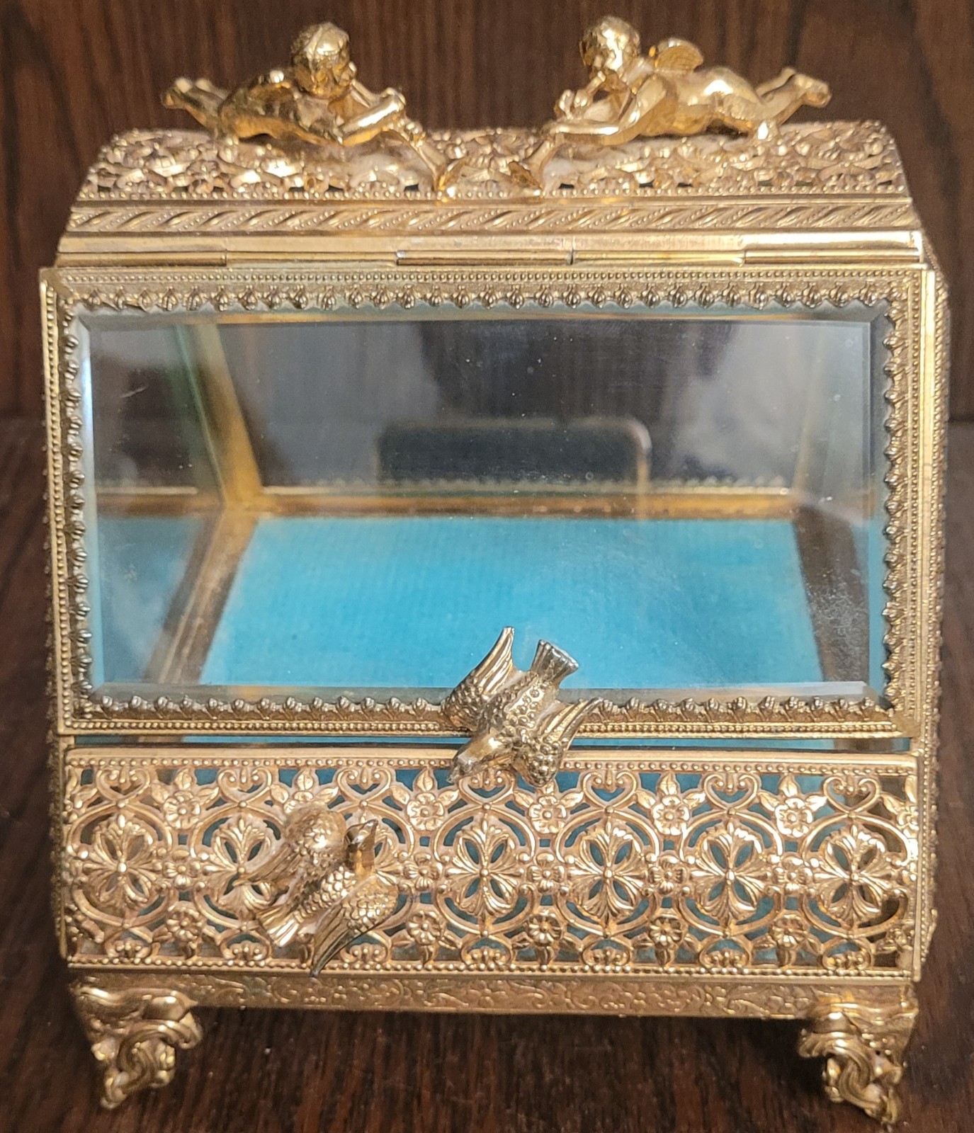 Vintage Ormolu Trinket Box w/ Cherubs and Birds and Beveled Glass