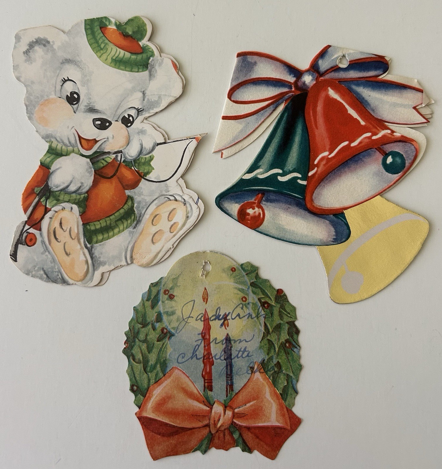 3 Vintage 1950s Die-Cut Christmas Cards Small MCM Tree Hangers S20