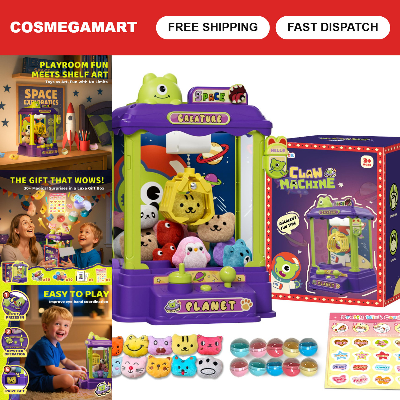 Compact Mini Claw Machine for Kids - Arcade Prize Grabber, Lights & Music, Fun G