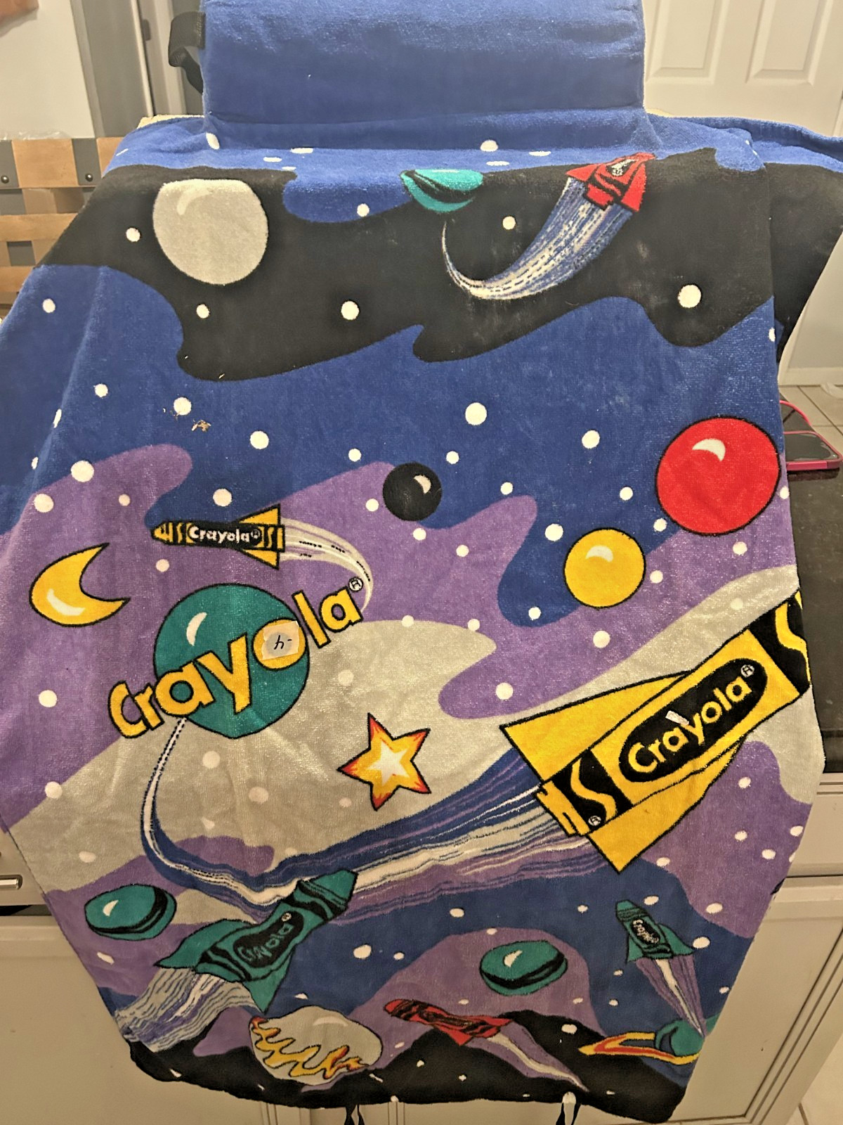 Vintage Crayola Rolle Polle Beach Towel w/ Attached Pillow Headrest 44” Space Th