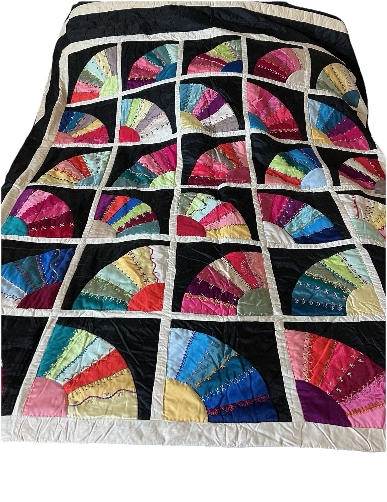 Vintage Grandmother’s Quarter Fan Embroidered Quilt 91 In X 80 In