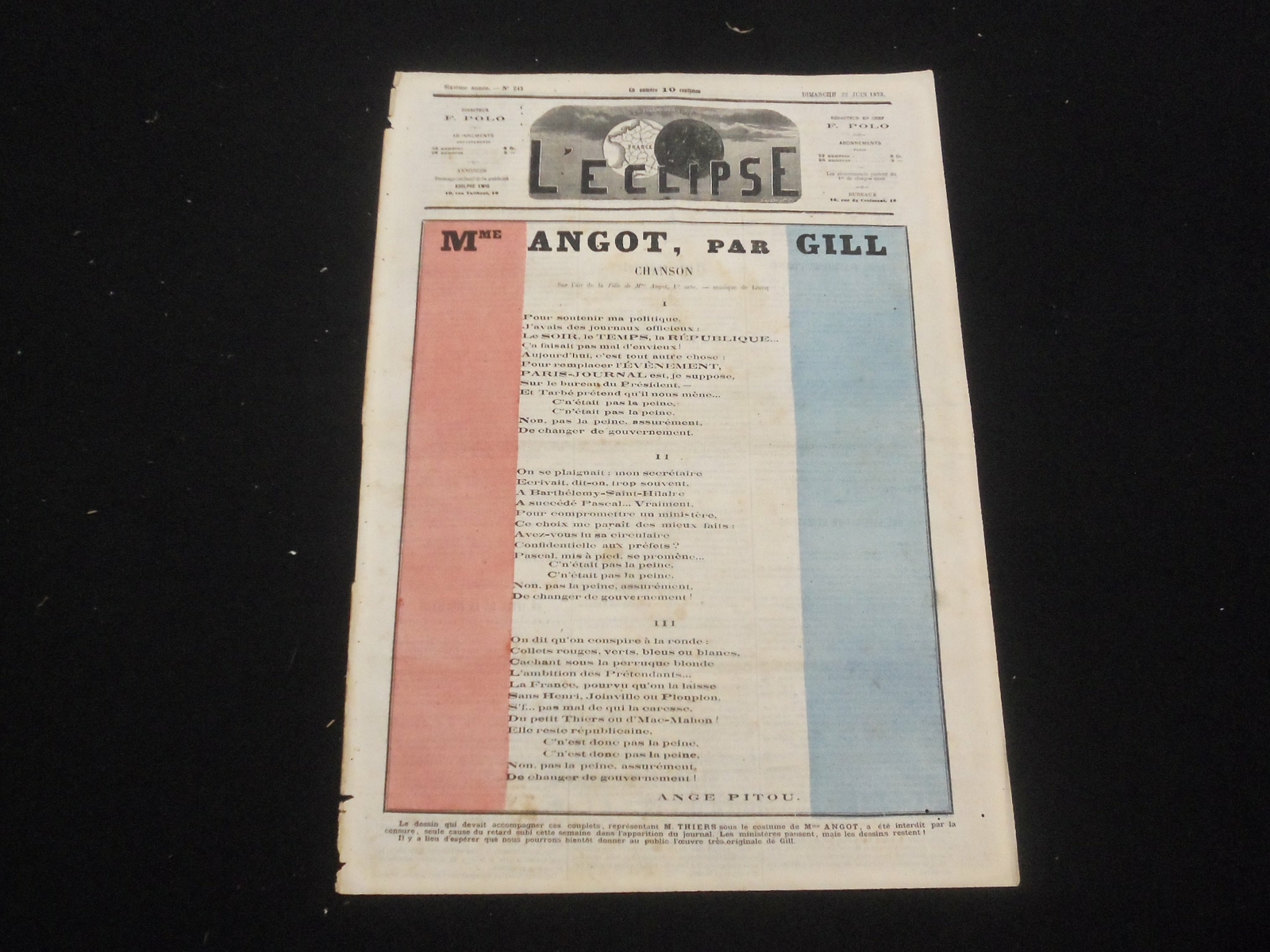 1873 JUNE 22 L'ECLIPSE NEWSPAPER - NO. 243- MME ANGOT, PAR GILL- FRENCH -FR 3000