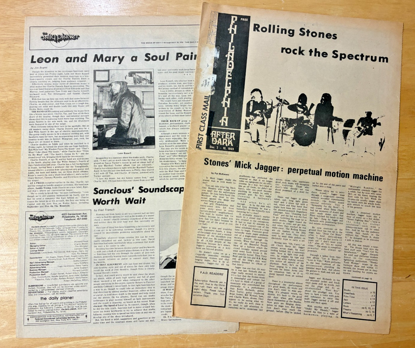Vintage 1969 Rolling Stones Philadelphia After Dark Newspaper Lot Daily Planet