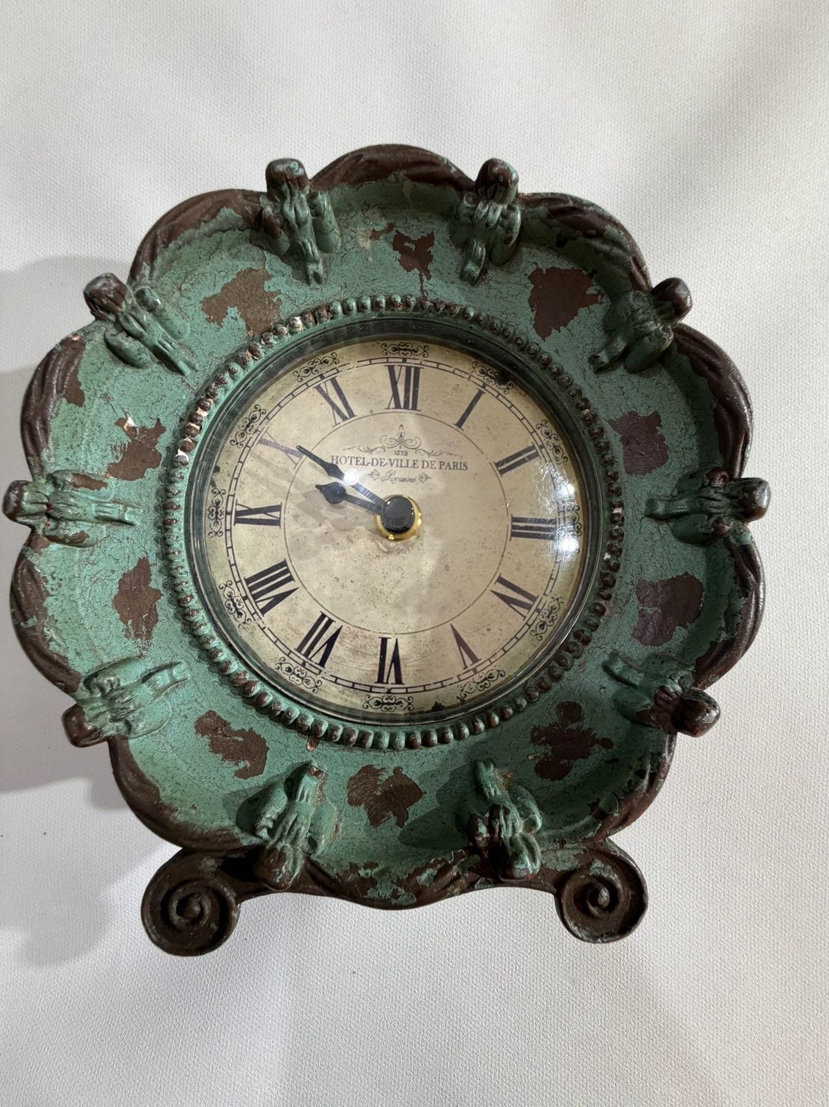 Vintage Hotel De Ville De Paris Metal Tabletop Desk Clock Green