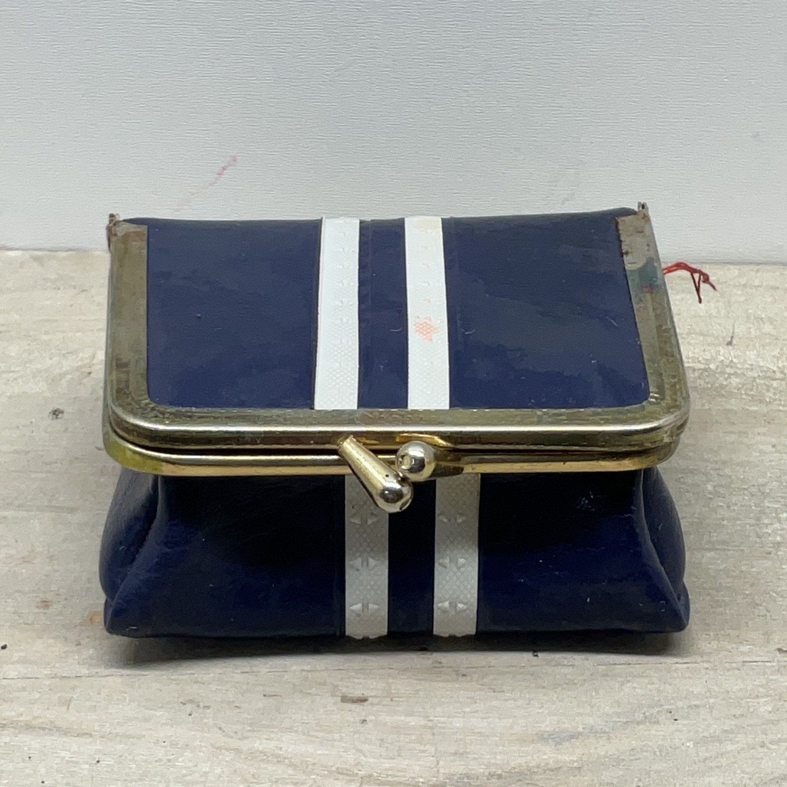 Vintage Navy Blue Striped Travel Sewing Kit Kiss Lock Coin Purse Retro Notions