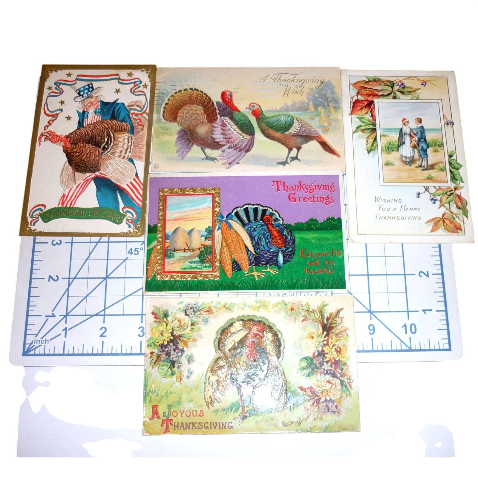Vintage Thanksgiving Postcards Lot of 5 Antique Turkeys Uncle Sam Pilgrims
