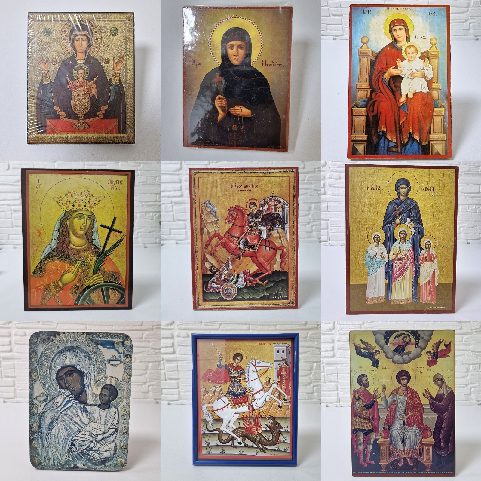 Collection of 9 Greek Orthodox Christian Icons – Saints, Virgin Mary & Christ – 