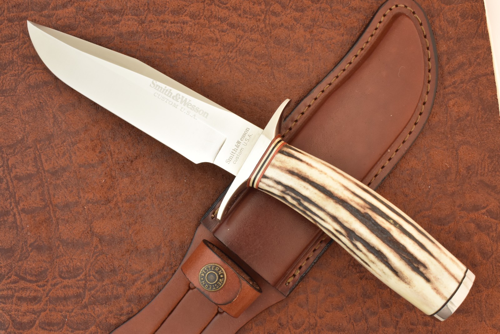 VINTAGE SMITH & WESSON CUSTOM MADE IN USA STAG FIXD BLADE HUNTING KNIFE (36784)