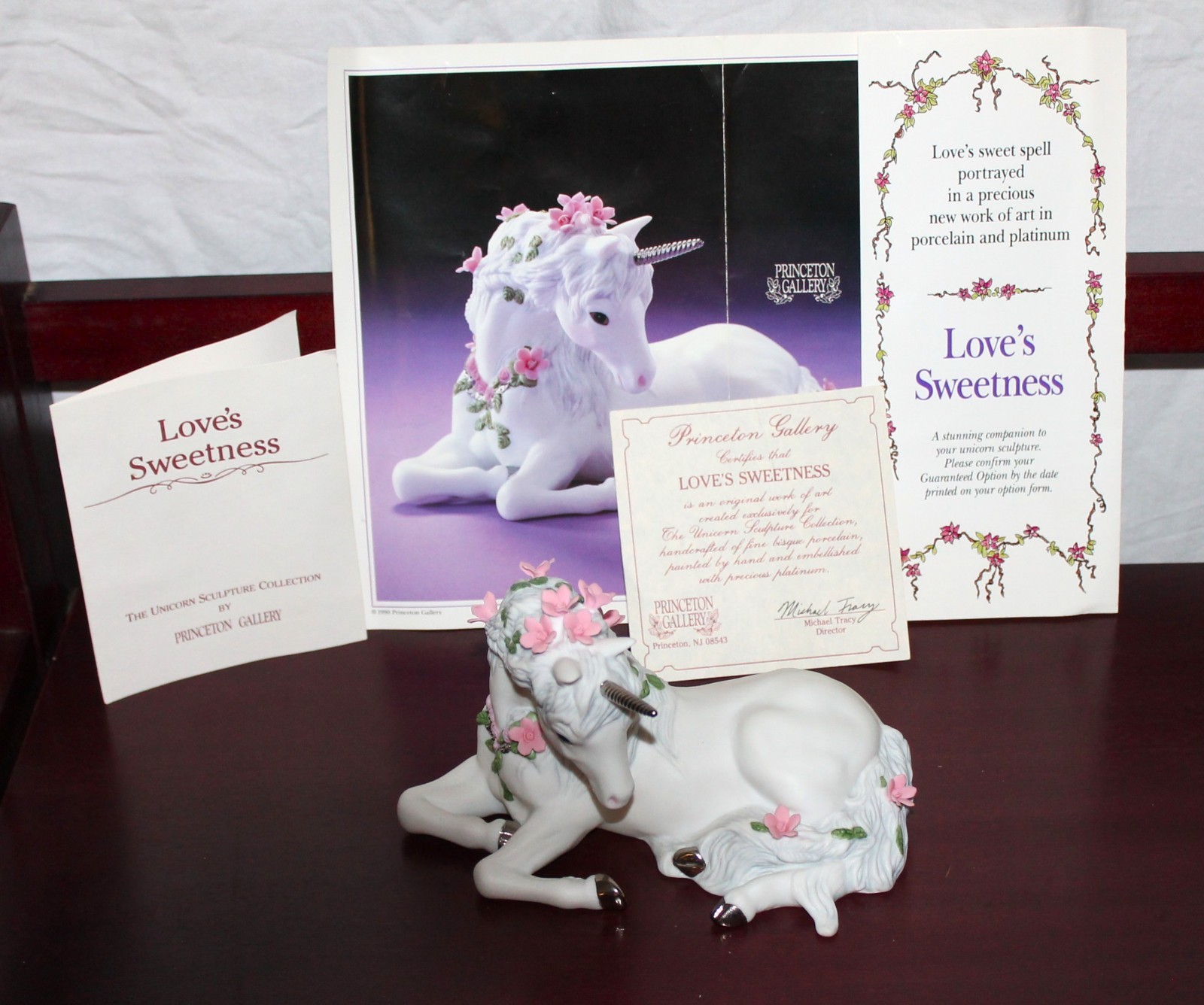 Vintage Porcelain Unicorn Sculpture Love\'s Sweetness Princeton Galleries W/Paper