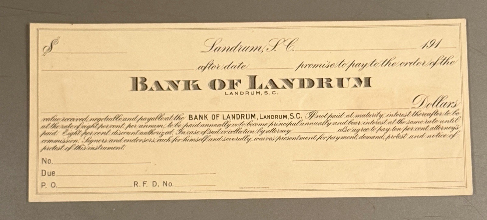 1910s Bank of Landrum SC Unused Promissory Note Antique Banking Ephemera RARE