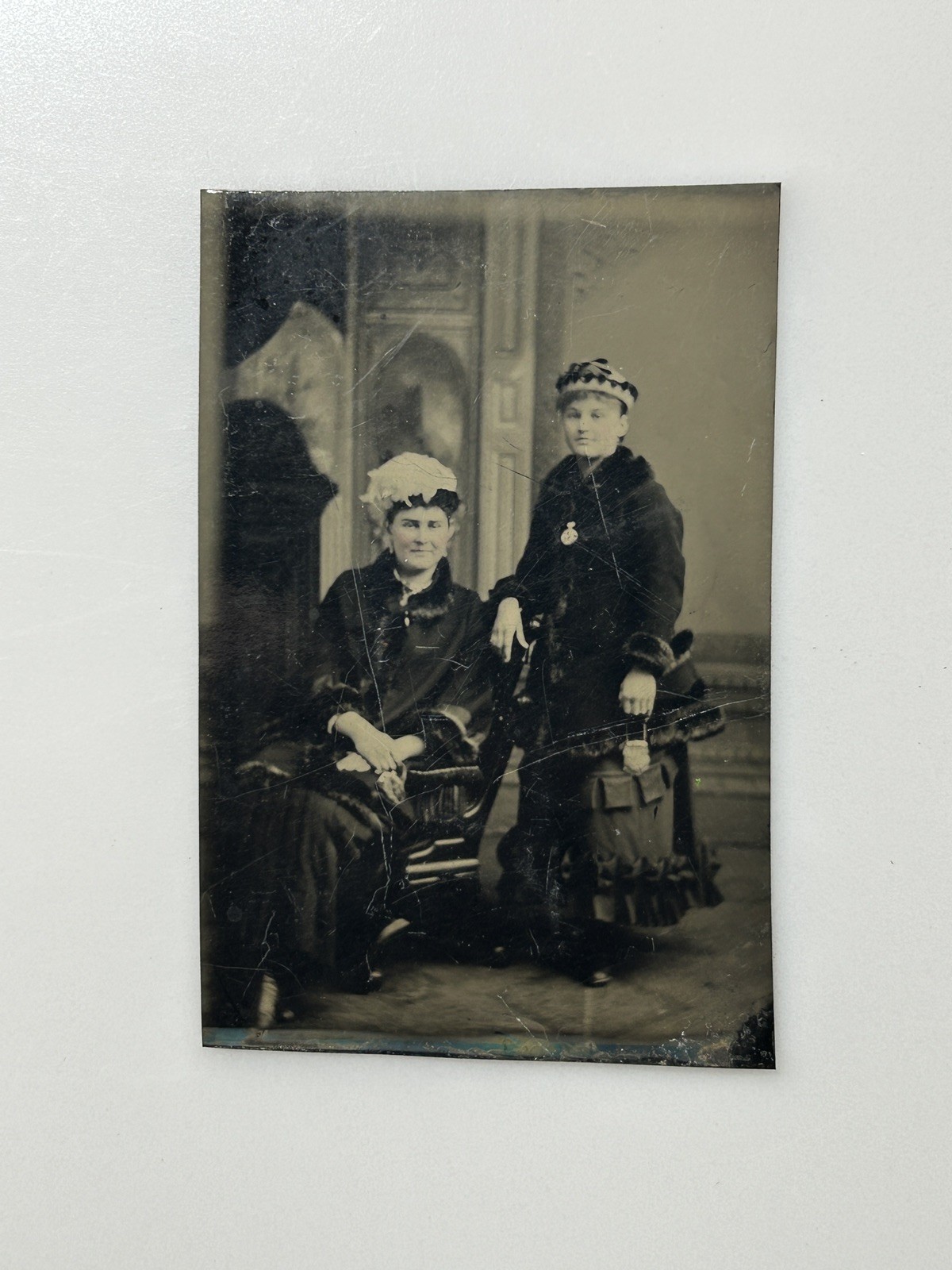 Antique Tintype 2 Women Victorian Portrait Fancy Hats 1/6 Plate