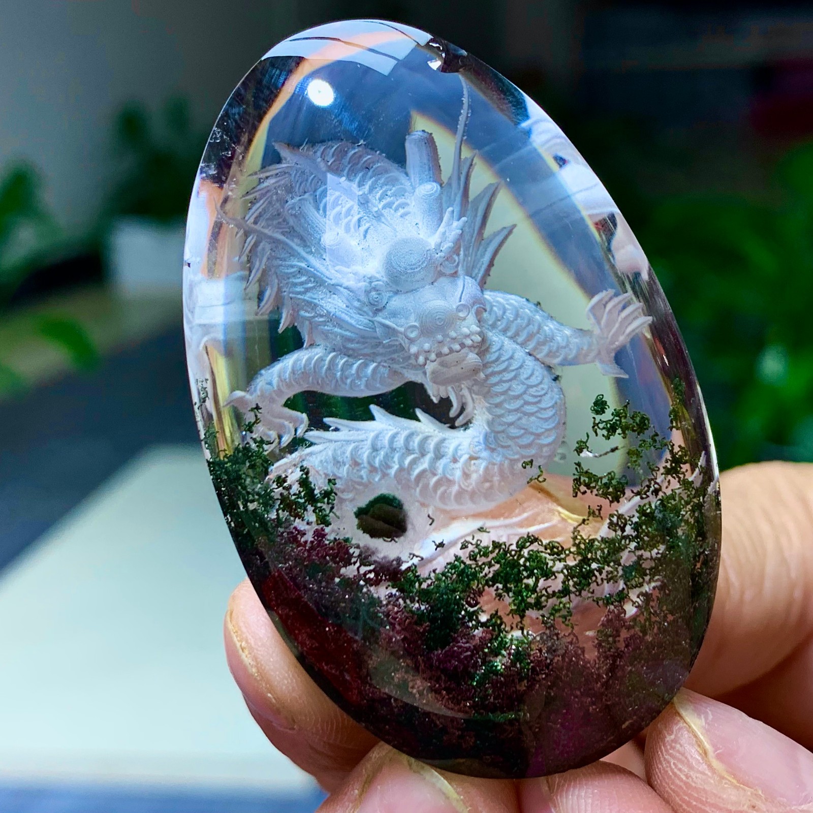 65G Natural Green Ghost  Quartz Carved dragon CrystaI Mineral Specimen