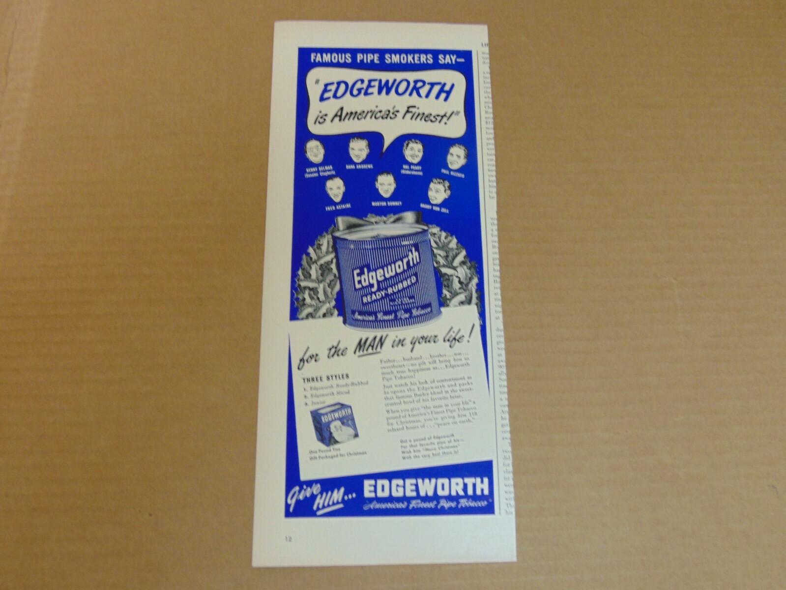 1949 EDGEWORTH AMERICA'S FINEST PIPE TOBACCO Famous People Endorse art print ad