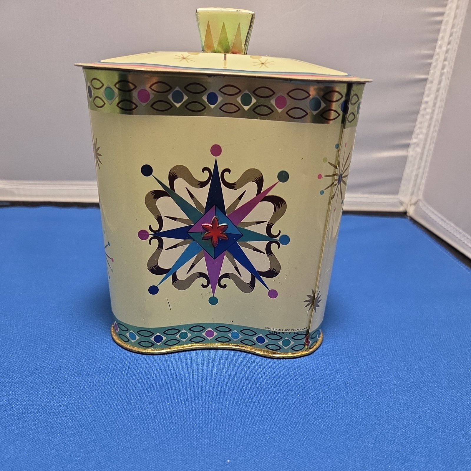 Vintage 1960 S.L.K CO Atomic Starburst Colorful Candy Tin Canister w/ Lid