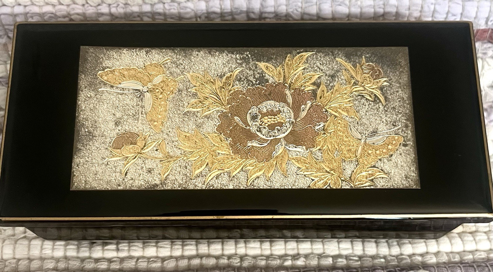 Vintage Japanese Black Lacquered Chokin Art Musical Jewelry Box 