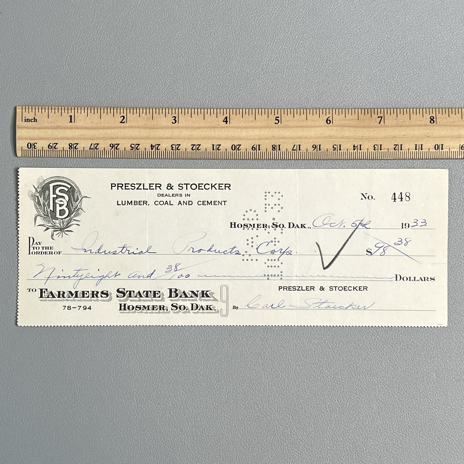 Vtg 1933 Hosmer SD Bank Check Preszler Stoecker Lumber Dust Bowl Depression 30s