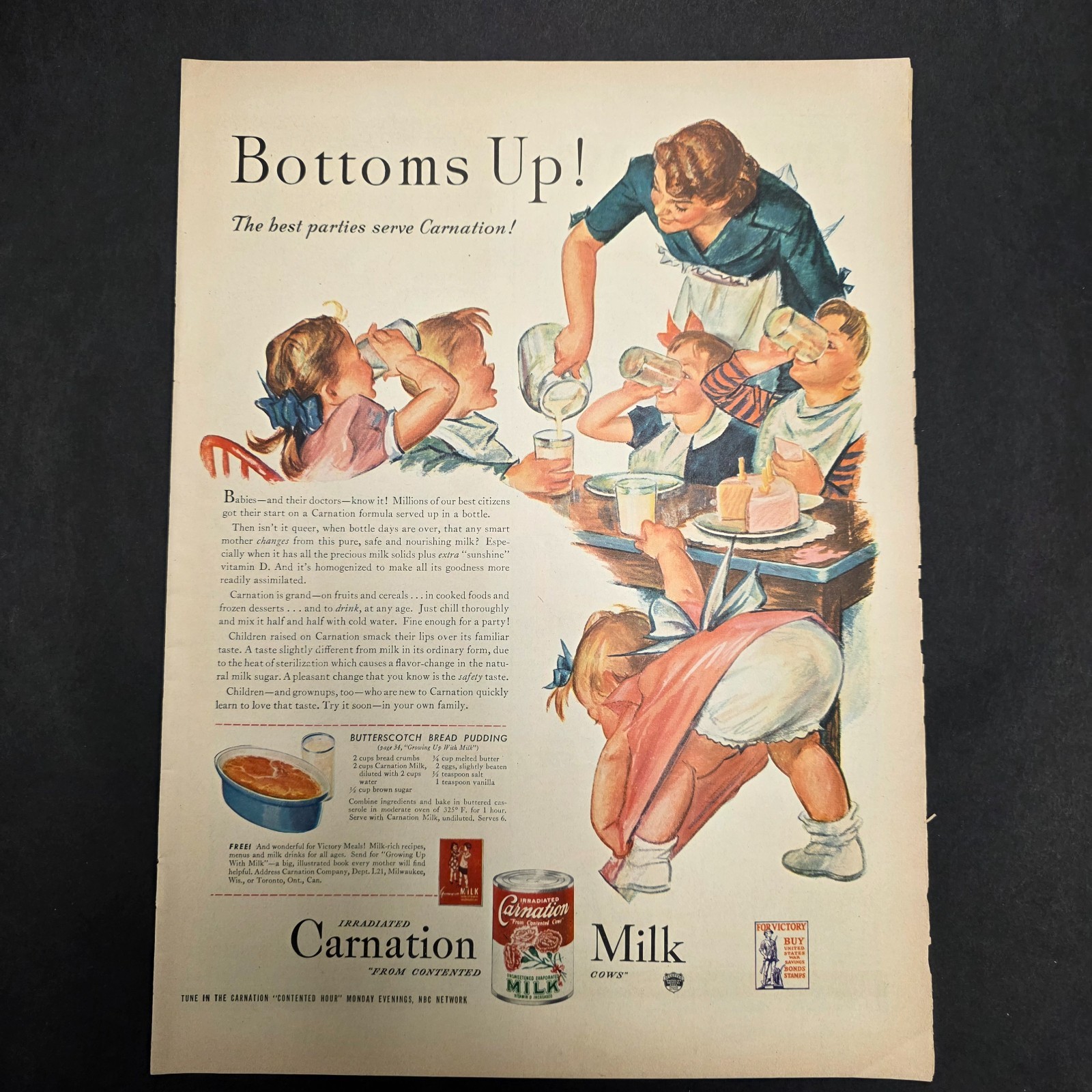 1943 Carnation Milk WWII Ad Bottoms Up Vintage Kitchen Art