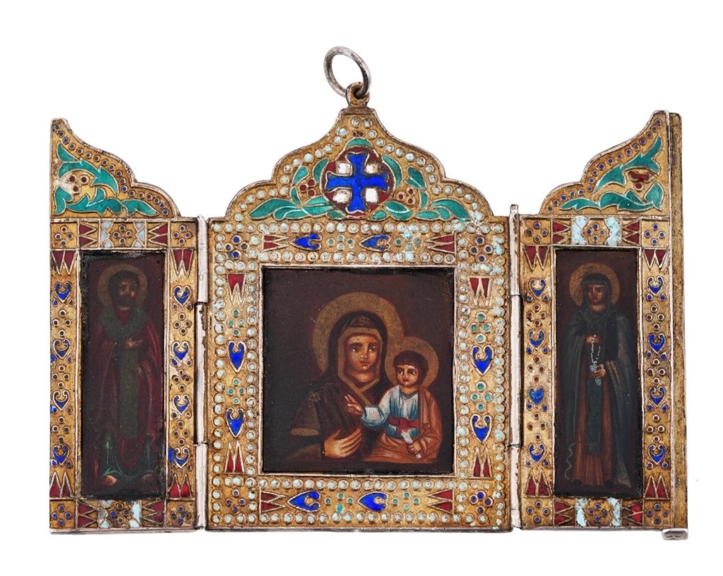 ANTIQUE 19c RUSSIAN COLOR ENAMEL SILVER 88 ICON SKLADEN HALMARKED BY HLEBNIKOV 