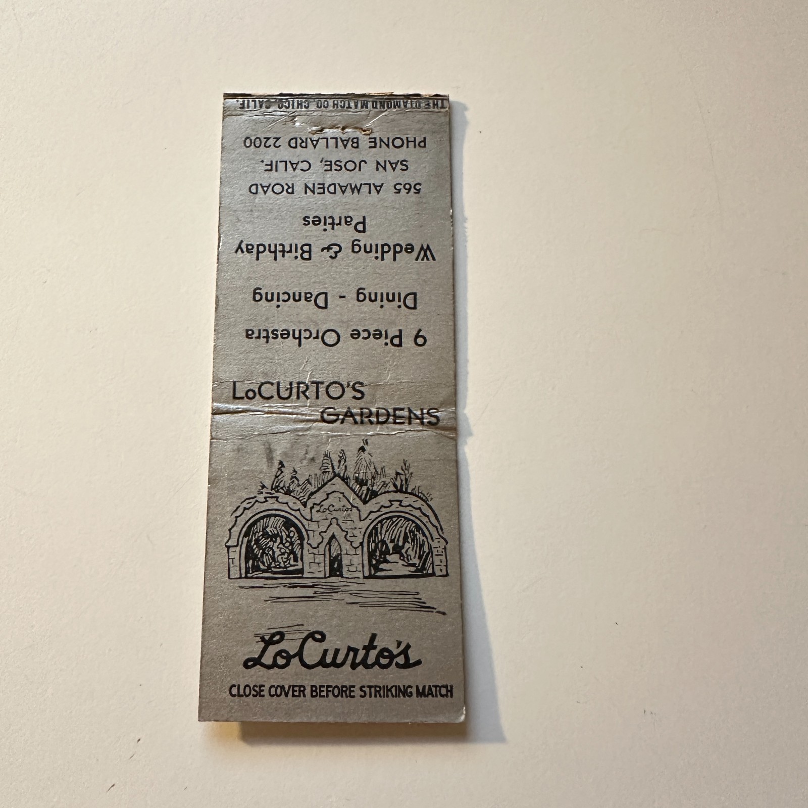 Lo Curto\'s Gardens 565 Almaden Rd San Jose CA Vintage Matchbook Cover 4MB118-3