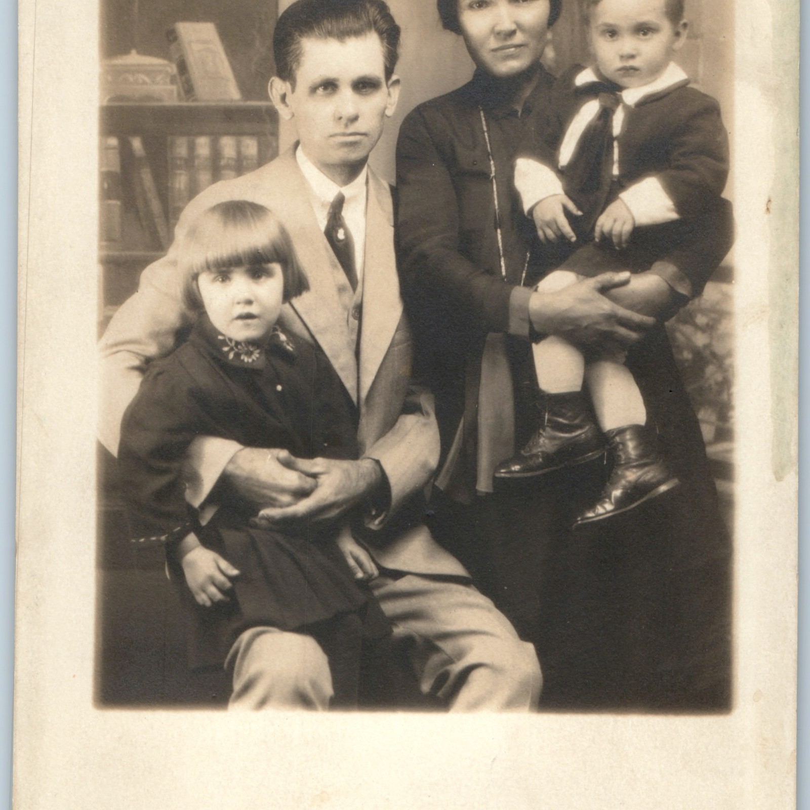 c1920s Family Studio Portrait RPPC Father Mother Son Daughter Sailor Suit Photo