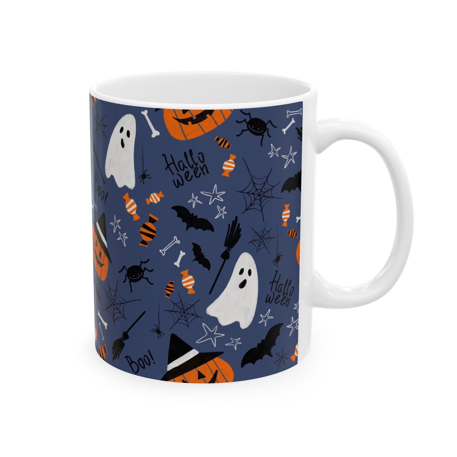 Cute Halloween Pattern Mug | Ghosts, Pumpkins, Bats, Candy