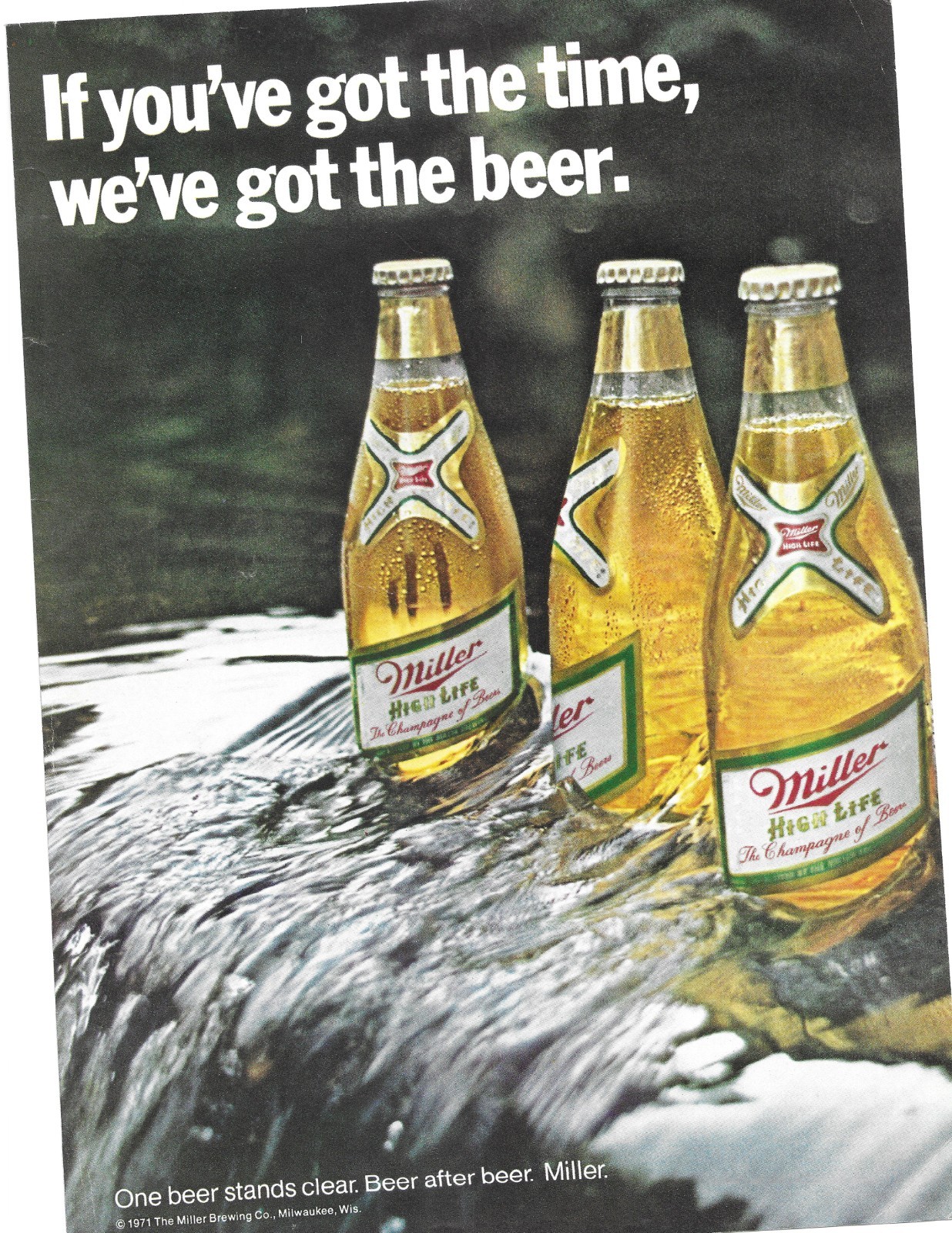 1971 Miller High Life Print Magazine Ad Golden Glass Bottles in a Stream 