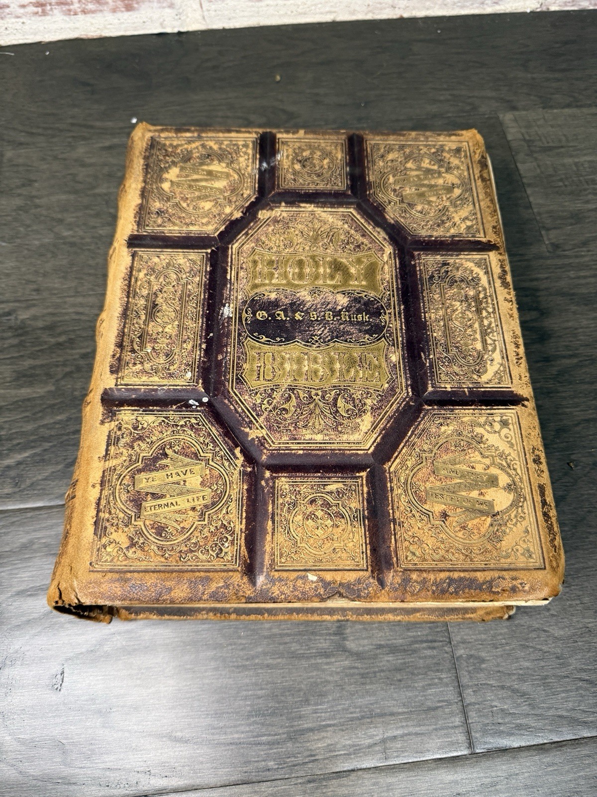 Antique 1880's Carved Leather Holy Bible Old And New Testaments Ornate AS IS