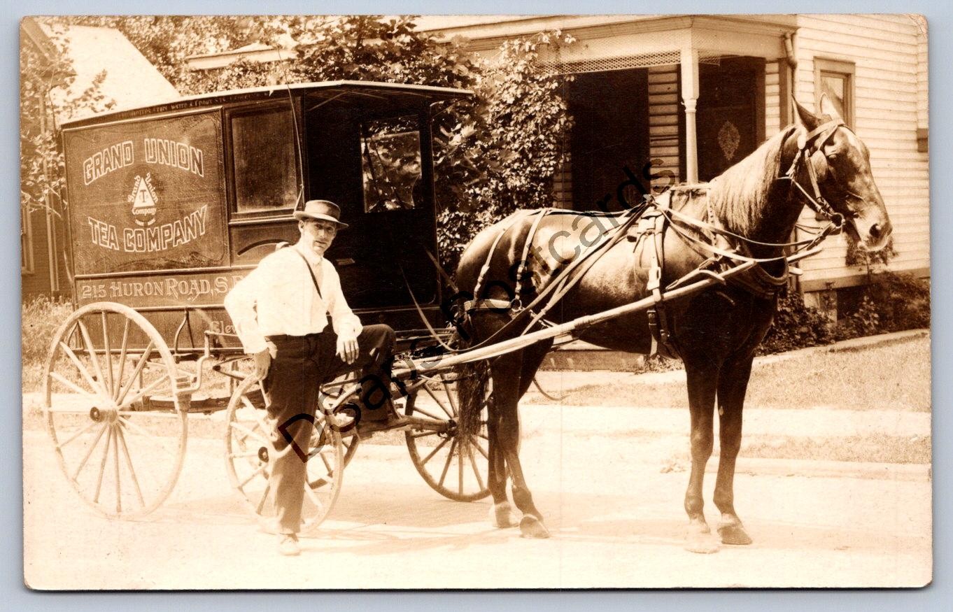 K66/ Cleveland Ohio RPPC Postcard c1910 Grand Union Tea Co Delivery Wagon 55