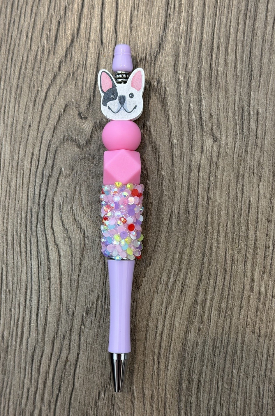 Handmade French Bulldog Beaded Pen Pink Purple Glitter Silicone Beads