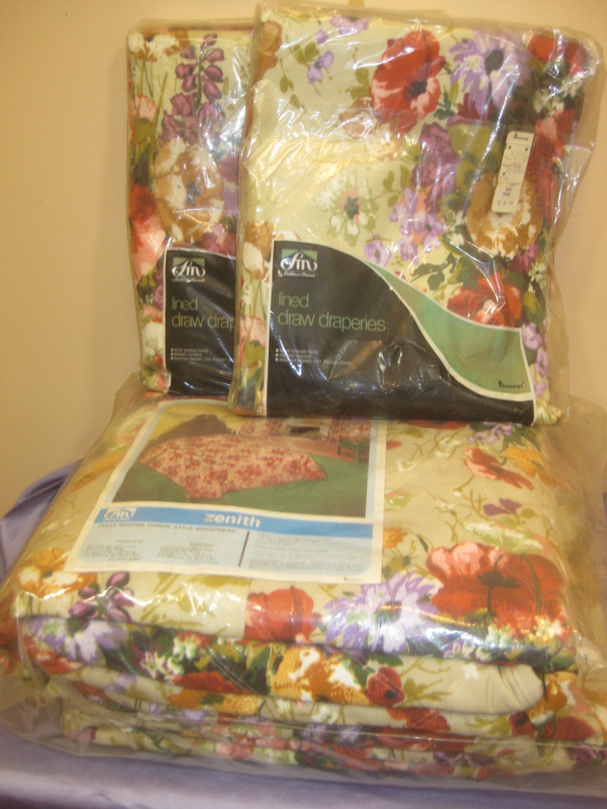 NOS JC Penney Fashion Manor Pair Of Lined Draw Draperies and King Size Bedspread