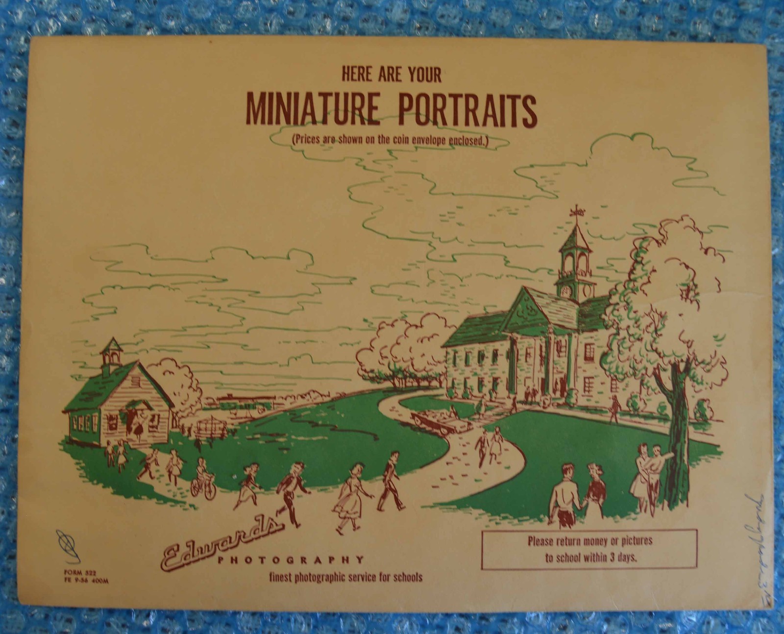 VINTAGE 1956 SCHOOL PHOTO ENVELOPE GREAT GRAPHICS OLD SCHOOL HOUSES w/PHOTOS