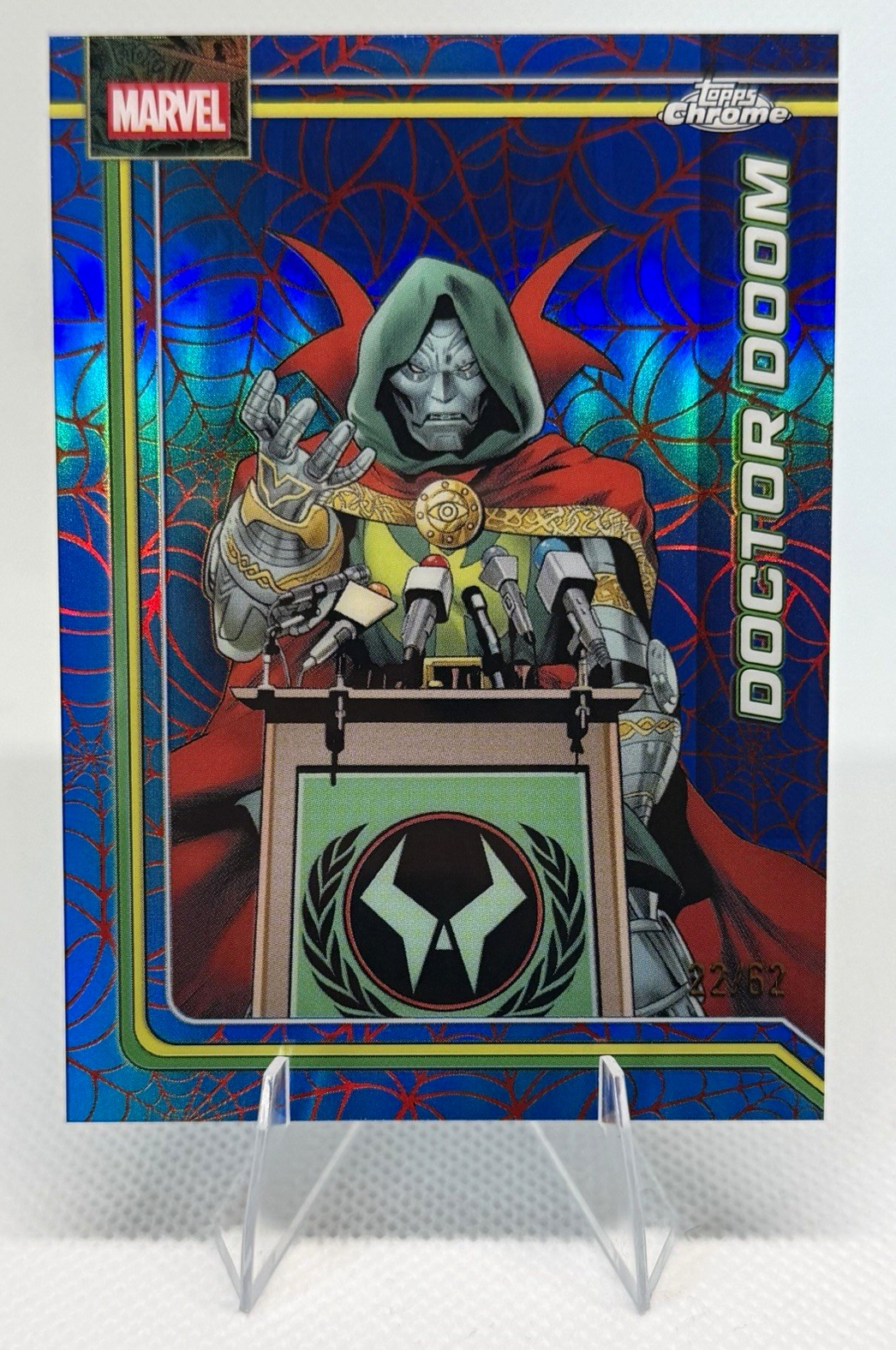 Topps 2026 Topps Chrome Marvel Doctor Doom #028 Blue & Red Spiderwebs /62