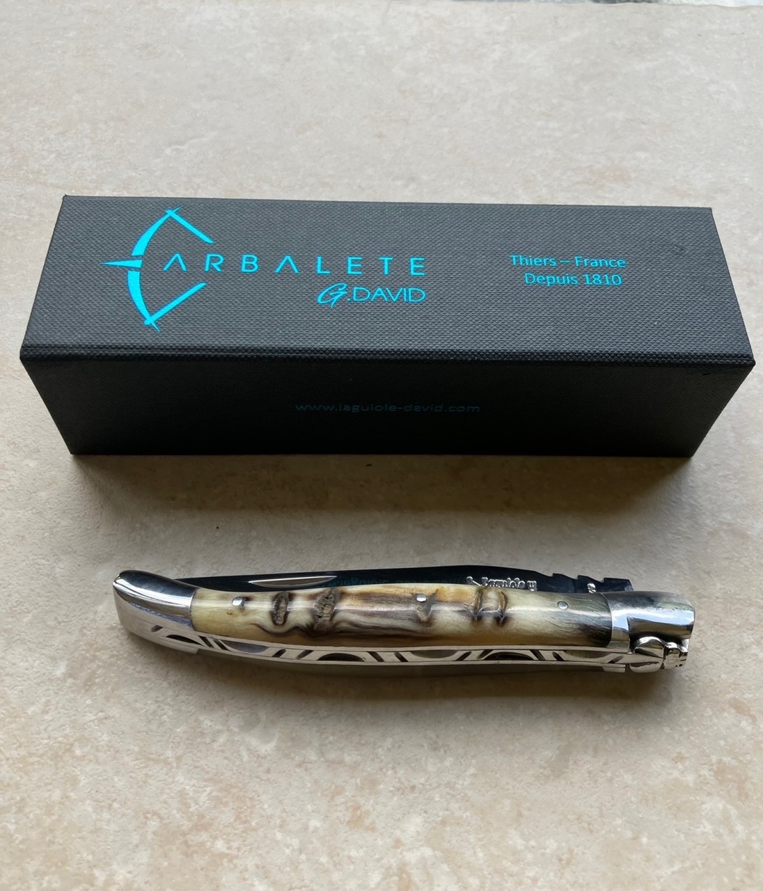 Arbalete Genes David, Stainless Steel, 4.8in, Folding Knife, Forged Ram Horn