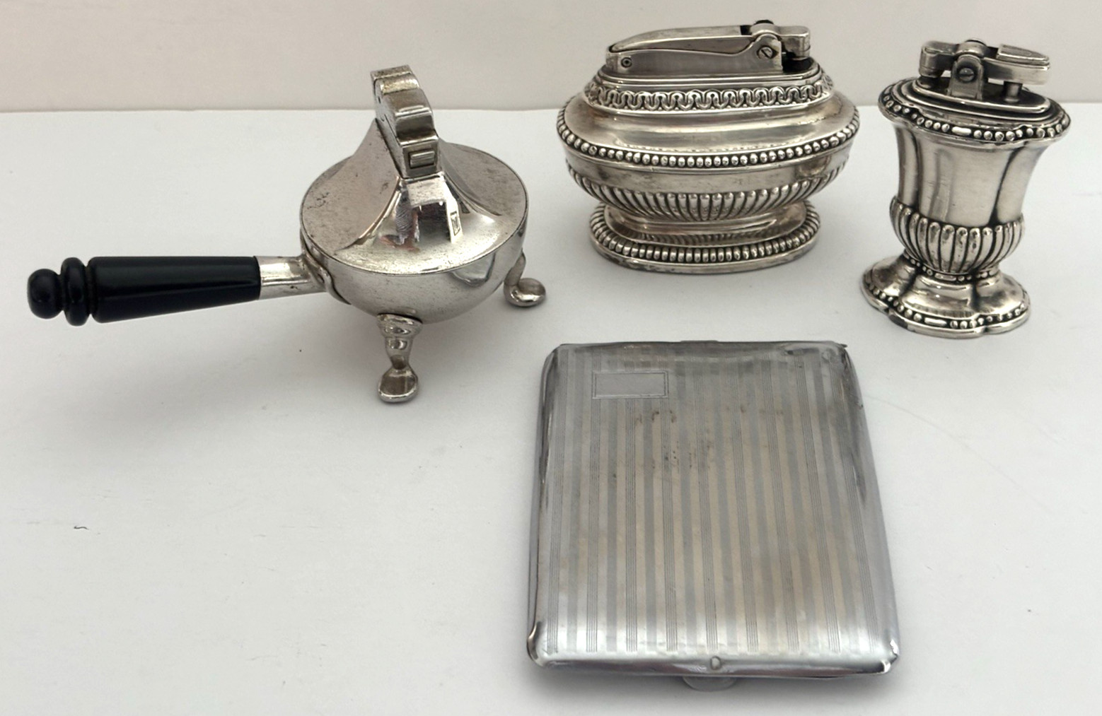 Vtg Lot of 3 Silver Metal Table Cigarette Lighters and Cigarette Holder/Case