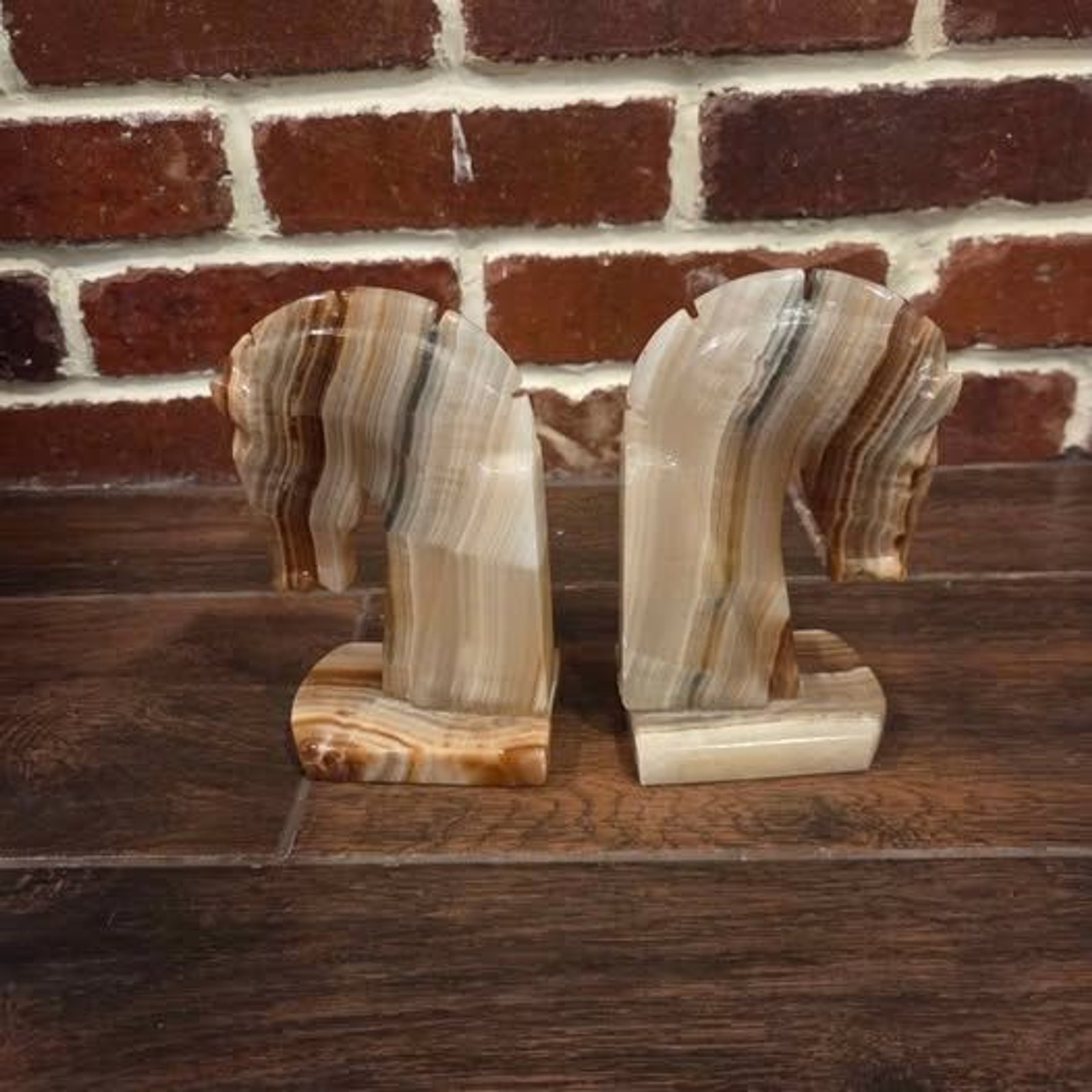 Vintage Pair of Onyx Marble Banded Horse Head Bookends Hand Carved