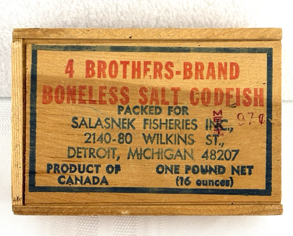 Vtg Wood Box Boneless Salt Codfish Salasnek Fisheries Michican 4 Brothers Brand