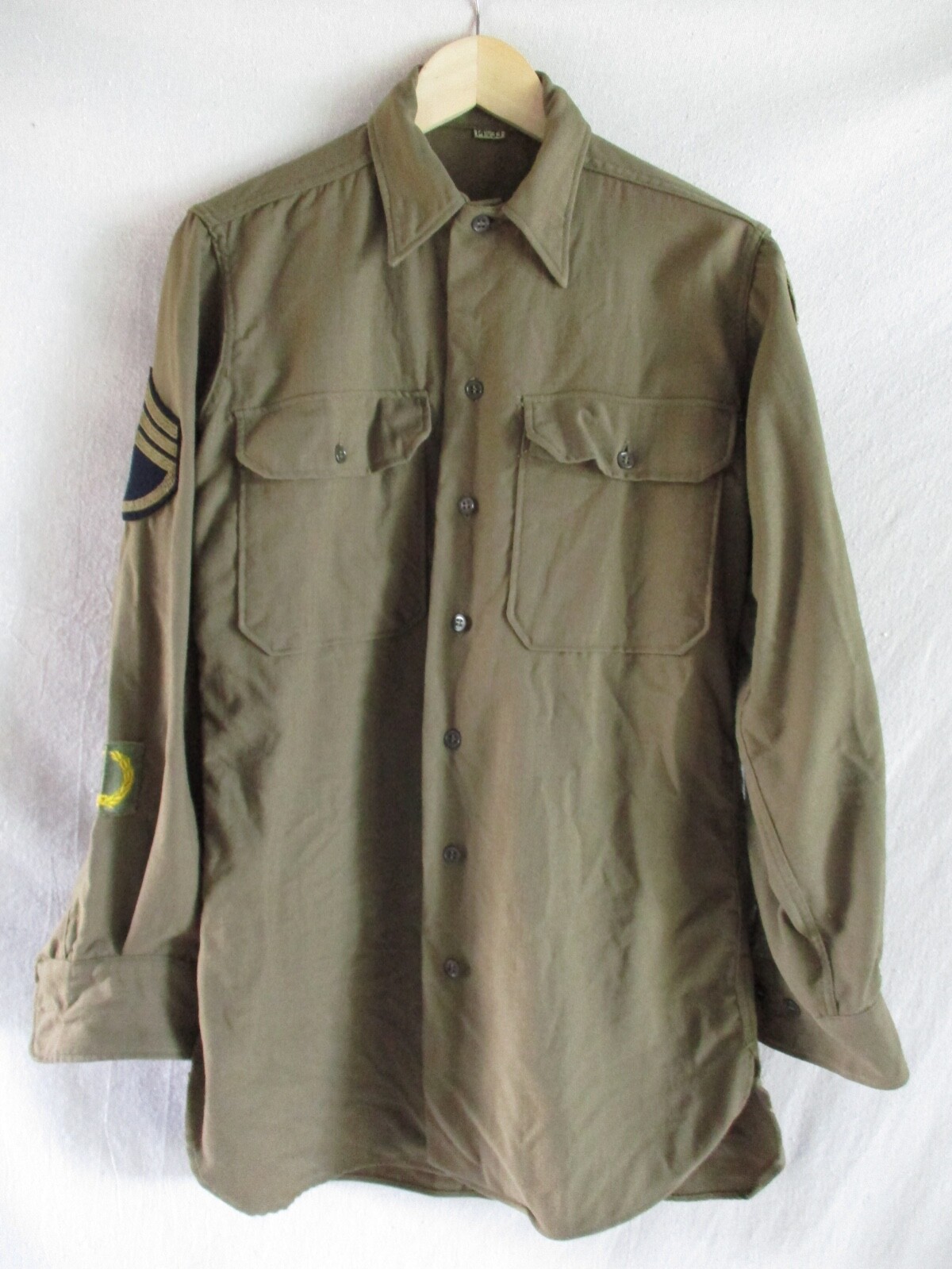 WWII 40s true vintage brown wool officer classic uniform pocket shirt 14.5 33