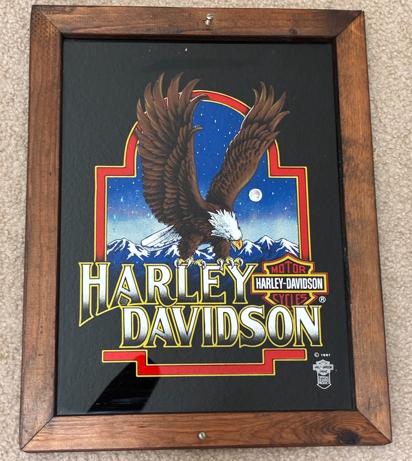 VTG 1987 Harley Davidson Eagle Mountain Framed Reverse Painted Mirror 18\
